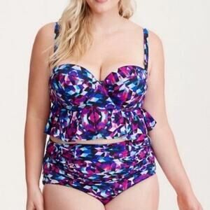 Torrid Geometric Peplum Underwire Convertible Plum Purple Bathing Swim Suit 1X